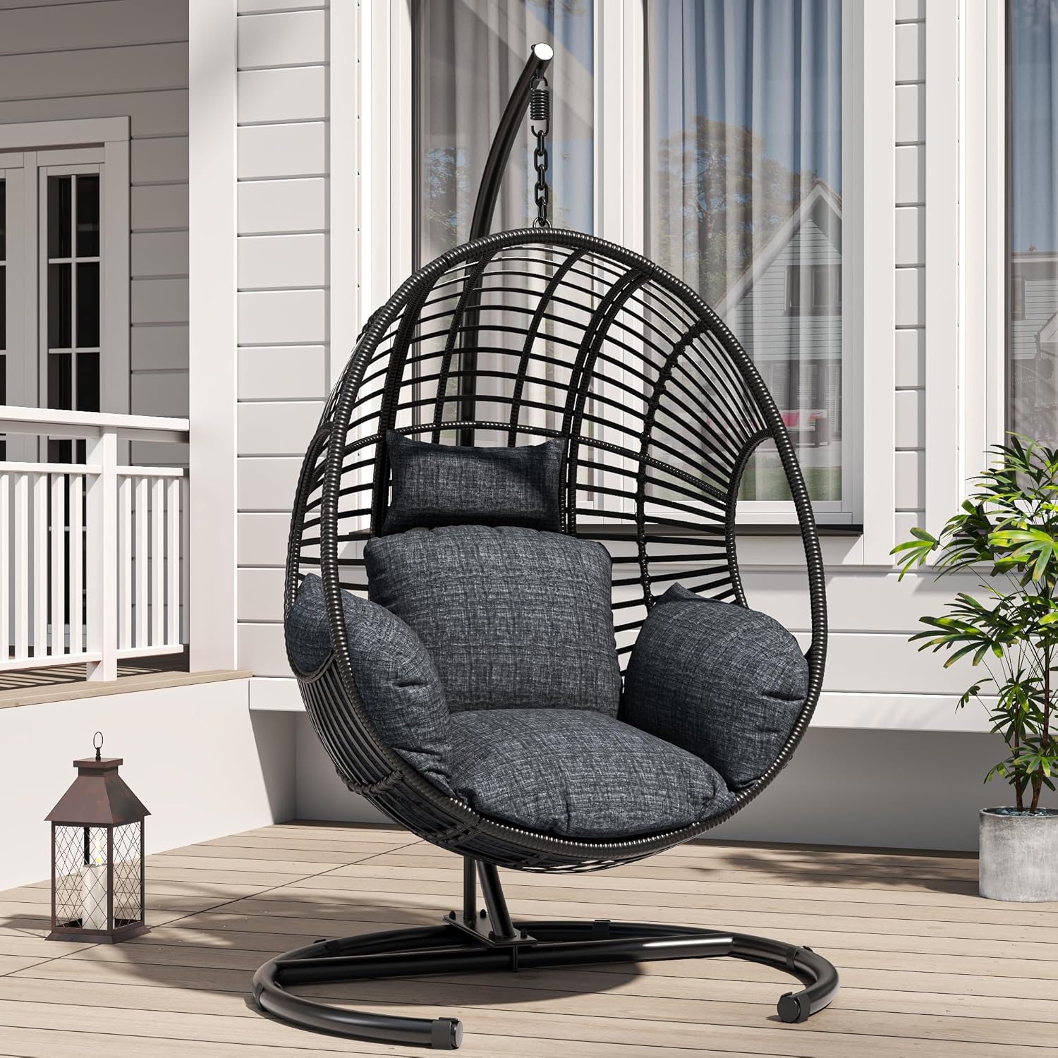Hanging Egg Chair with Stand – 400 Lbs Capacity Patio Swing, Weatherproof PE Rattan & 8-Inch Thick Cushion, Swing Egg Chairs for Outdoor Garden, Balcony & Patio Use, Black