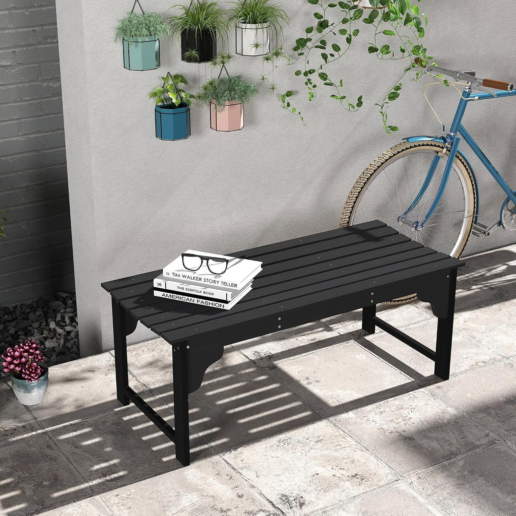 Wooden Garden Bench, Slatted Porch Bench with Curved Seat, Black Outdoor Park Bench for Front Porch Patio Backyard Entryway Seating Area Lawn Furniture Accent Piece