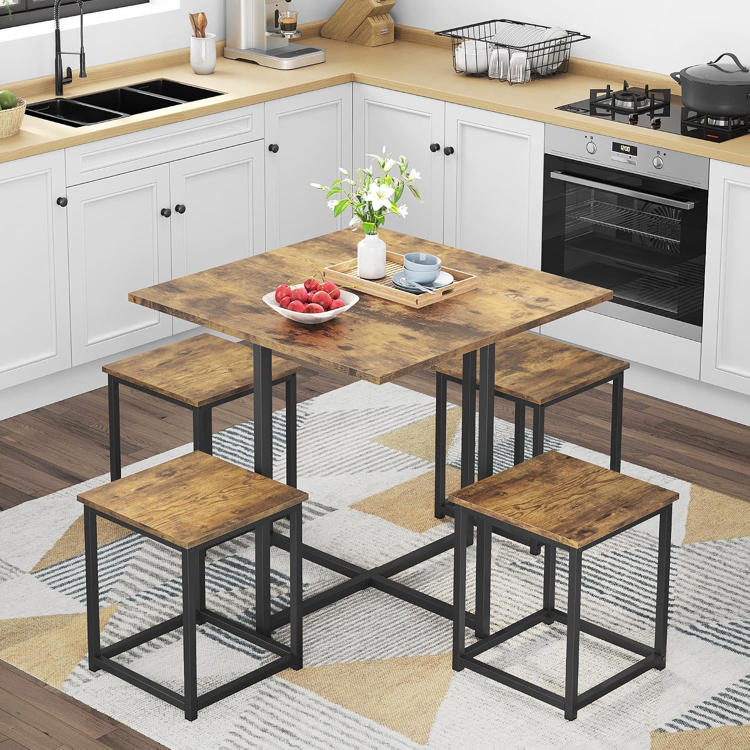 Yaheetech Industrial Dining Table Set for 4 Compact Kitchen Table and 4 Stools Space Saving Home Furniture for Small Space, Rustic Brown