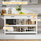 DynJest 47.3" Solid Rubberwood Kitchen Island with Power Outlets - Extra Large Work Surface, 2 Drawers & Open Shelves Storage Cabinet for Kitchen Dining Room, Farmhouse Style (White)