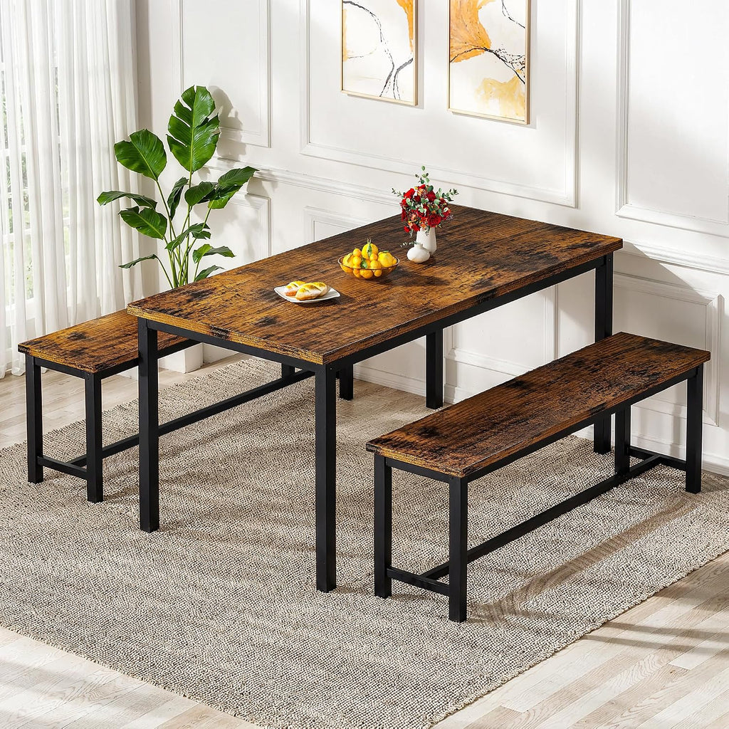 Lamerge Dining Room Table Set with 2 Benches, Dining Table Set for 4-6, Kitchen Table Set for Home Kitchen, Dining Room, Restaurant, Space Saving, Rustic, 3 Pieces Dining Furniture Set (05-Brown)