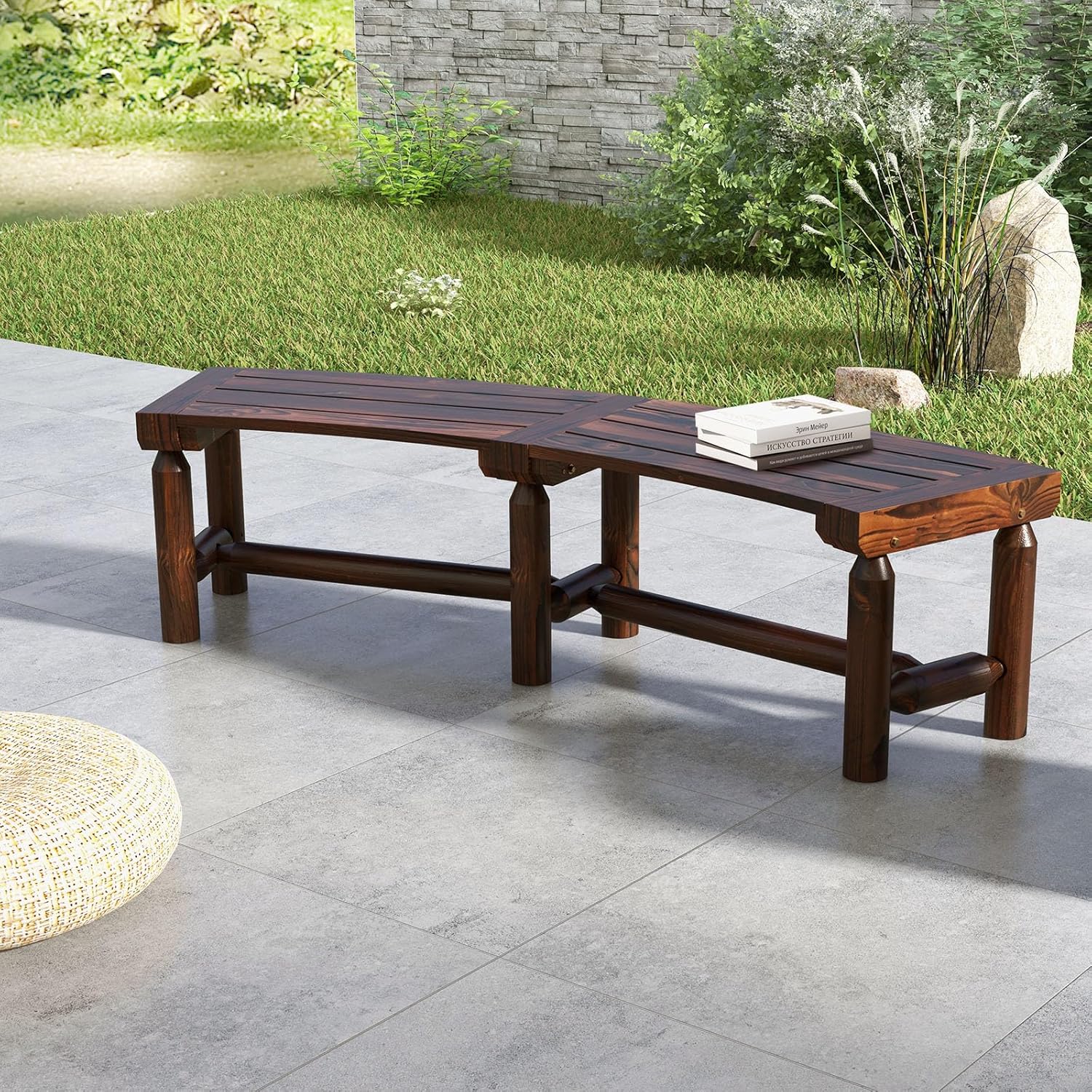 Tangkula Patio Curved Bench Set of 2, Carbonized Wood Dining Bench, Spacious & Slatted Seat, 710 LBS Max Load, 2-Person Wood Fire Pit Bench for Backyard, Garden, Porch
