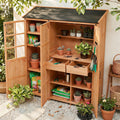 Merax Potting Bench with Waterproof Roof, Patio Garden Shed with 3 Doors Storage Cabinet with Workstation, 7 Storage Shelves, 2 Drawers and 6 Hooks for Backyard, Natural