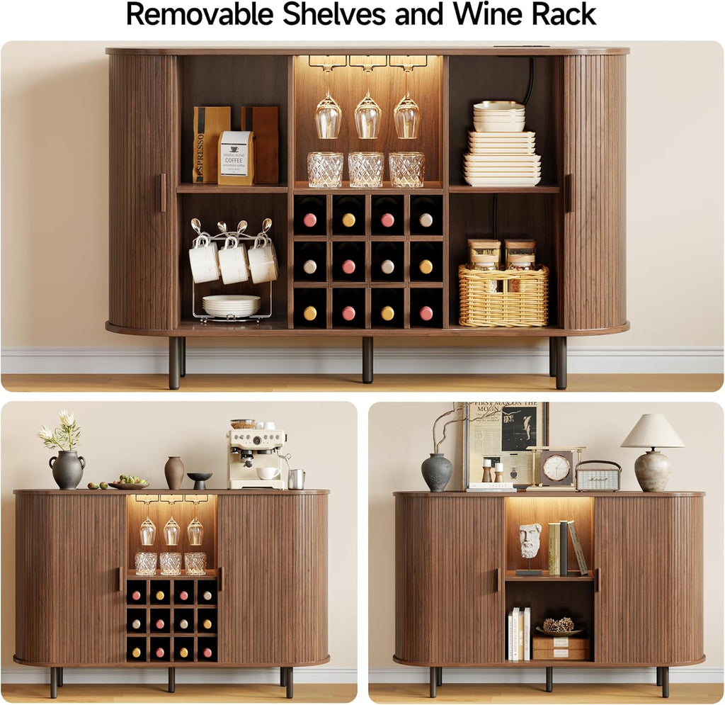 55" Wine Cabinet, Fluted Coffee Bar Cabinet with LED Light, Modern Liquor Coffee Station with Power Outlet, Wine Rack & Glass Holder, Sliding Door Buffet Sideboard Table for Kitchen, Entryway, Walnut
