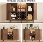 55" Wine Cabinet, Fluted Coffee Bar Cabinet with LED Light, Modern Liquor Coffee Station with Power Outlet, Wine Rack & Glass Holder, Sliding Door Buffet Sideboard Table for Kitchen, Entryway, Walnut