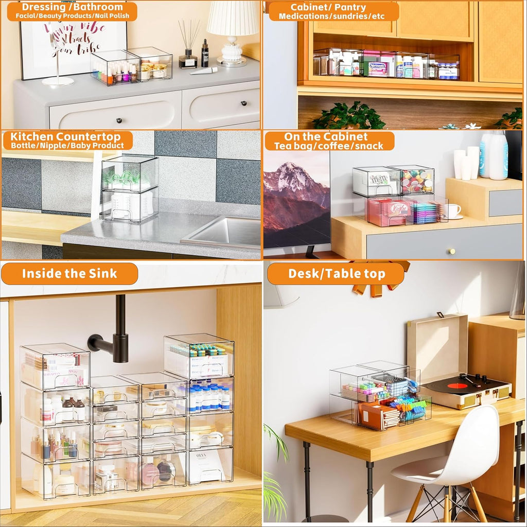 4.4" Tall Small Clear Acrylic Stackable Storage Drawers for Vanity,Under Sink,Bathroom Closet,Medicine Cabinet Organization and Plastic Storage Bins for Organizing Makeup,Baby Bottles,Pacifier,4 PCS