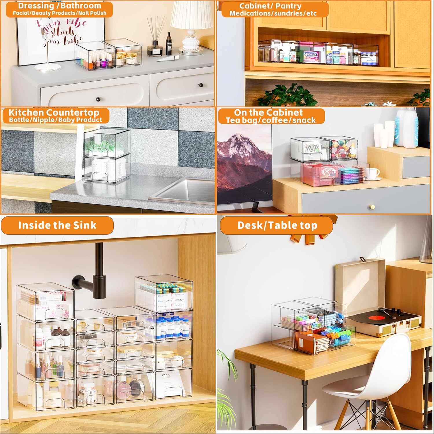 4.4" Tall Small Clear Acrylic Stackable Storage Drawers for Vanity,Under Sink,Bathroom Closet,Medicine Cabinet Organization and Plastic Storage Bins for Organizing Makeup,Baby Bottles,Pacifier,4 PCS