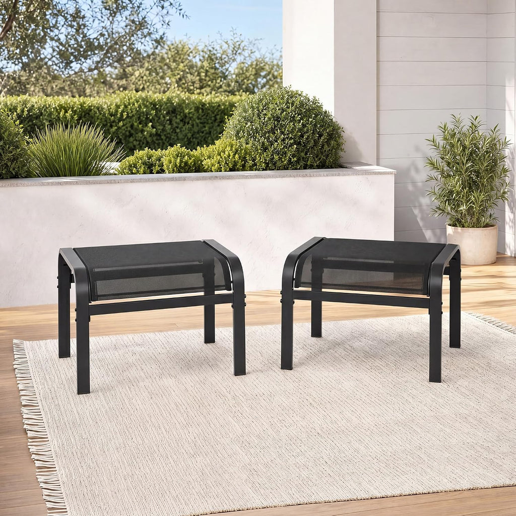 Outdoor Ottoman Set of 2, Ottoman Foot Rest with Textile Fabric, Metal Frame, No-Slip Feet, Stackable Stools for Patio Garden Pool, Black