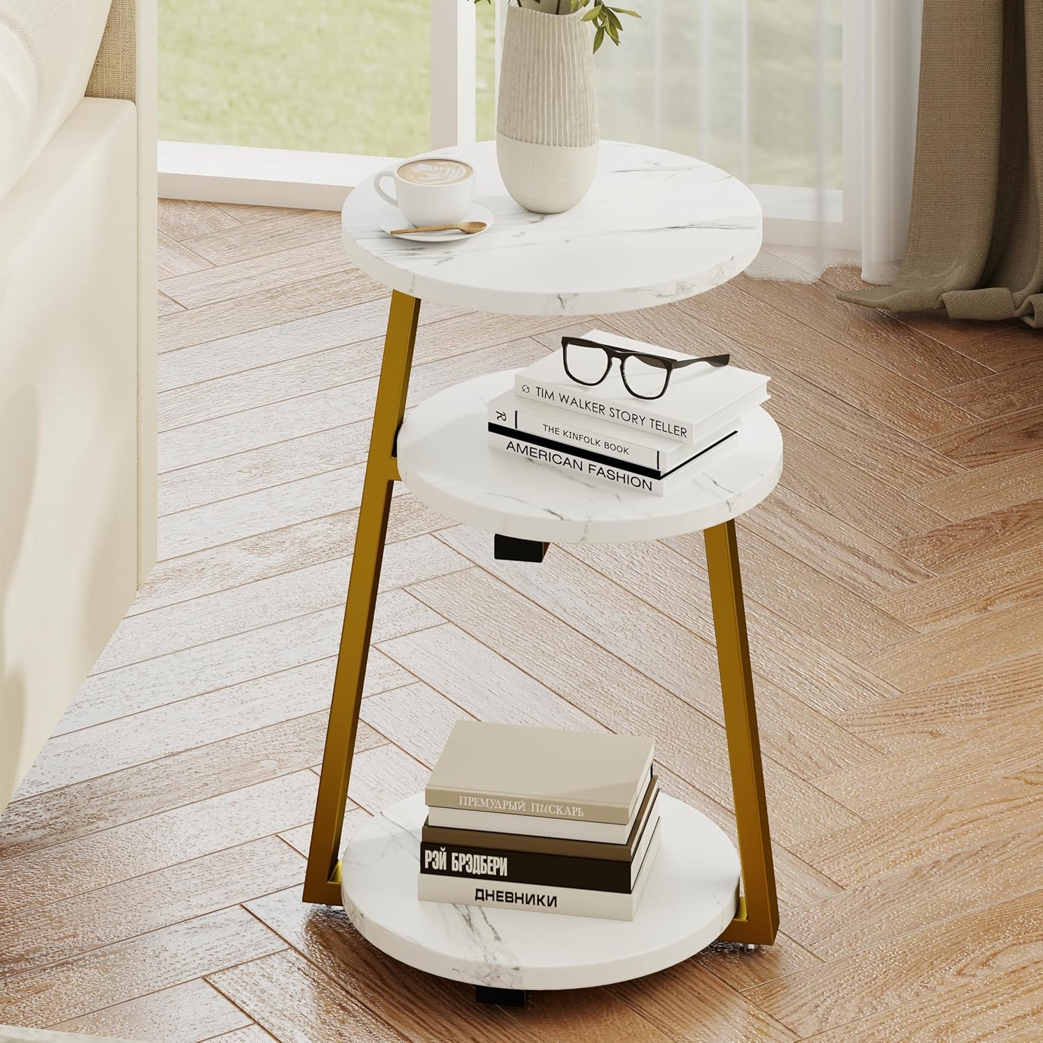 White and Gold Round Side Table with 3-Tier Open Shelves, Modern End Table for Living Room Sofa Side, Small Bedside Nightstand for Bedroom, Sturdy Metal Frame Accent Table for Small Spaces, 14 inch