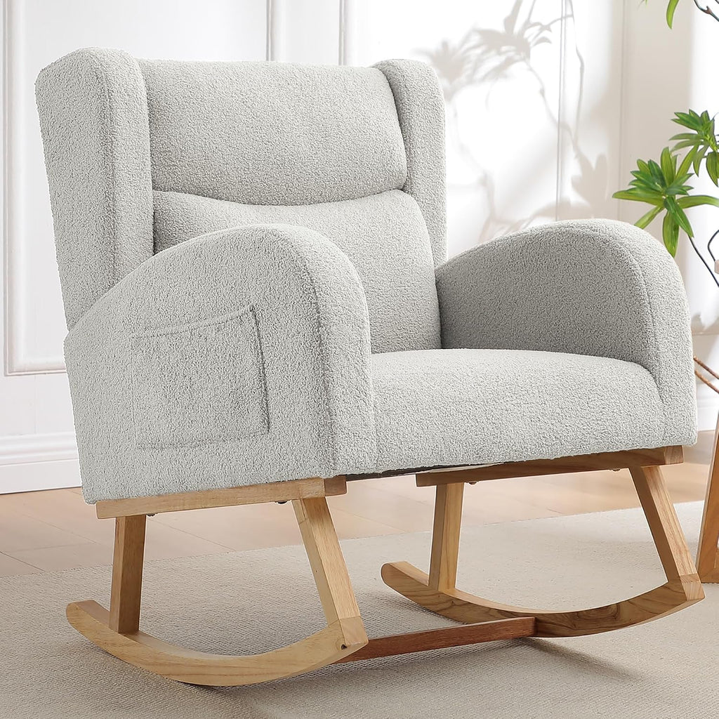 Nursery Rocking Chairs,Upholstered Rocking Chair Nursery for Mom Rocker with High Backrest and Solid Wood Legs,Modern Indoor Rocking Chair for Living Room Bedroom Adults (Teddy Light Grey)