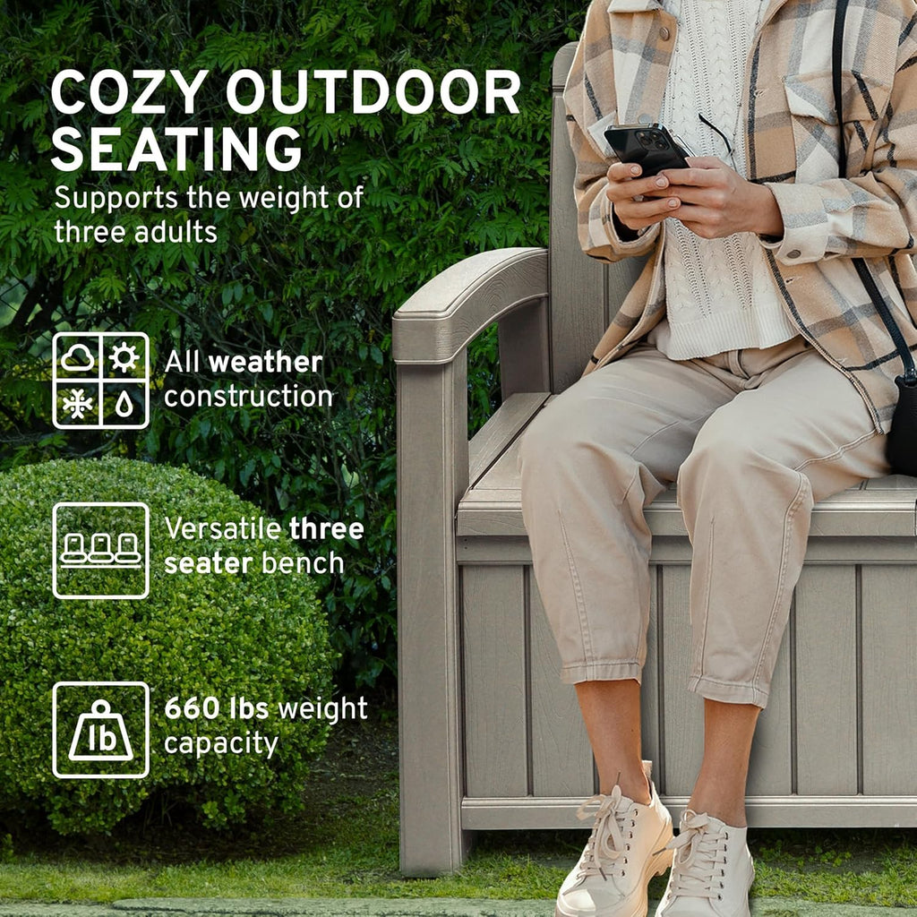 EconoHome 3 Seat Outdoor Storage Bench with Rain Cover - 90 Gallon Capacity - Weatherproof Resin Bench for Patio, Porch, Garden, Yard, Pool Area