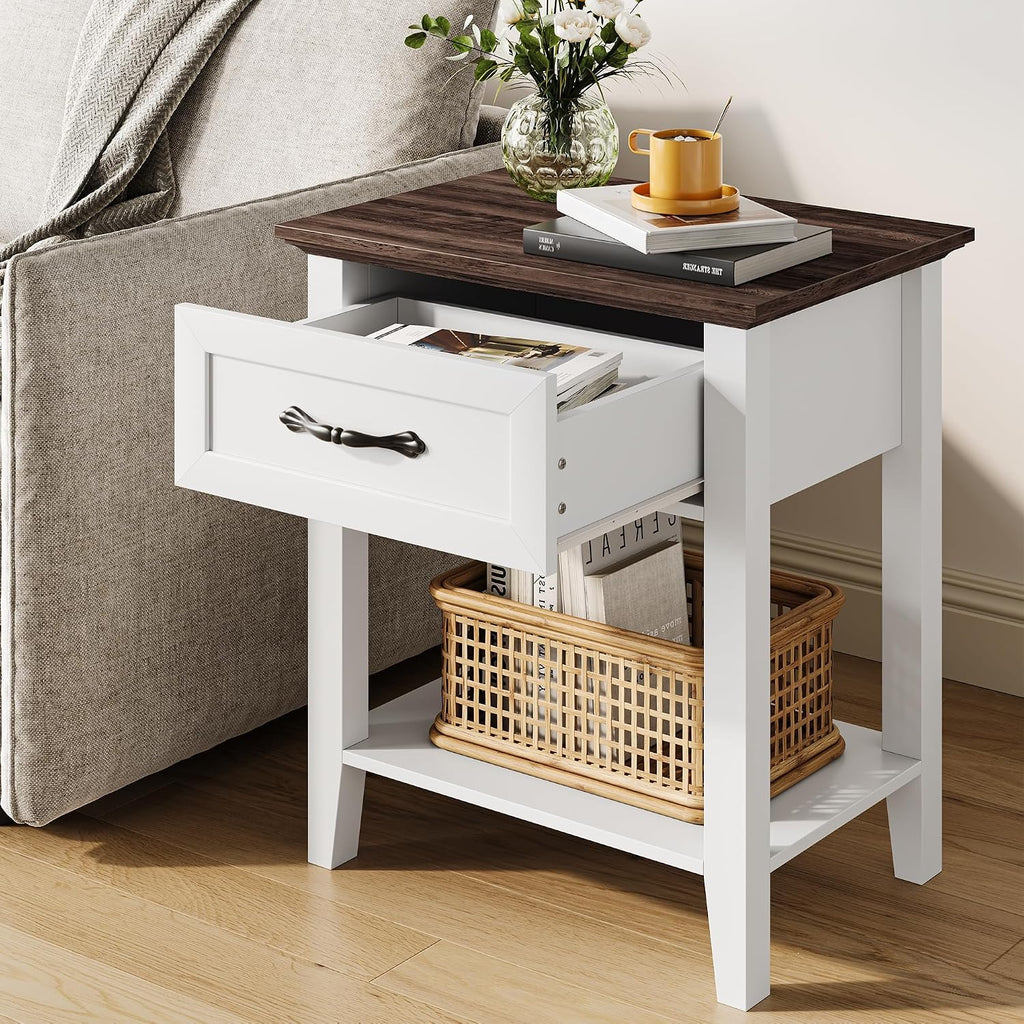 Side Table, Wood Coffee Table with Drawer Square Nightstand with Open Storage Shelf Narrow End Table 23.4'' Tall Sofa Table for Living Room, Bedroom, Office, White