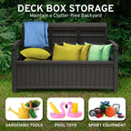 EconoHome 3 Seat Outdoor Storage Bench with Rain Cover - 90 Gallon Capacity - Weatherproof Resin Bench for Patio, Porch, Garden, Yard, Pool Area - Furniture for Pool Accessories, Gardening Tools