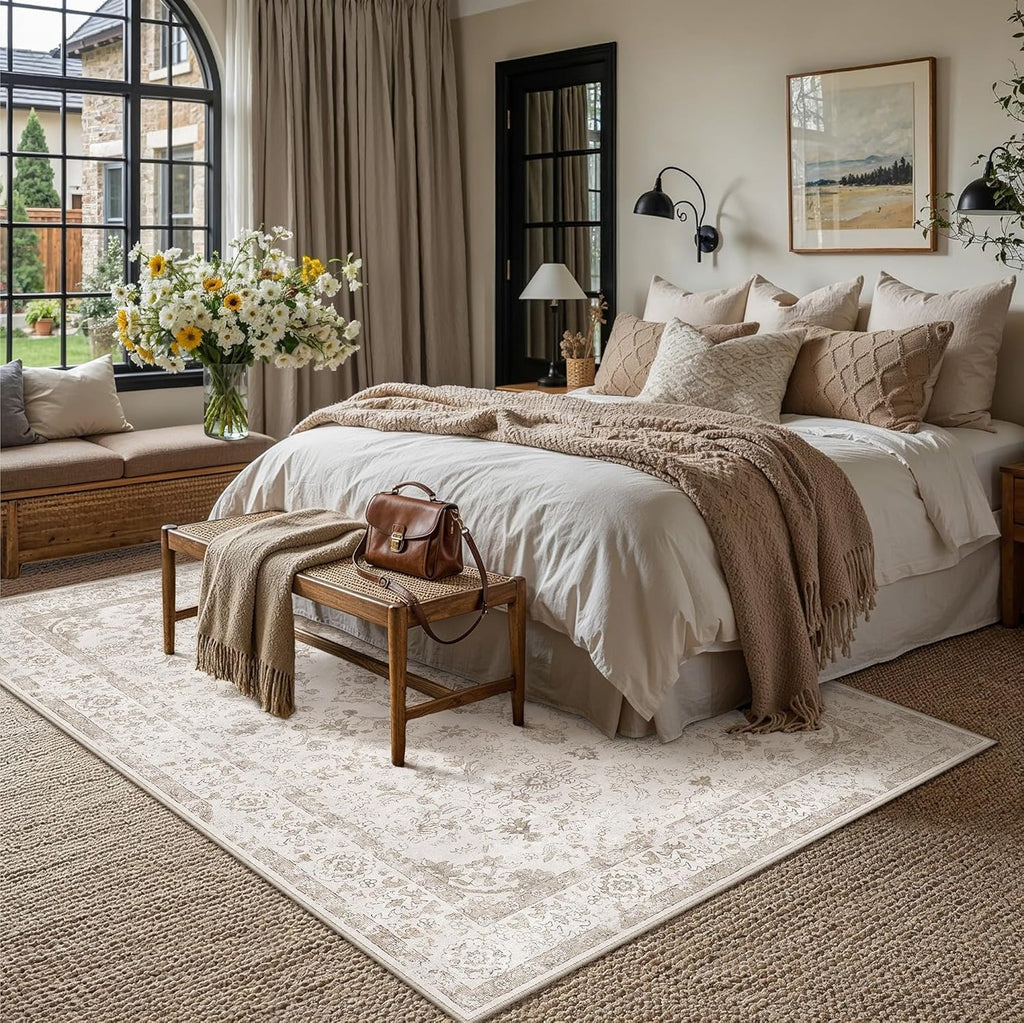 PureCozy Beige 8x10 Washable Area Rug for Living Room Neutral Vintage Floral Medallion Soft Large Rugs Low Pile Non Slip Distressed Indoor Office Carpet for Bedroom Dining Room Nursery