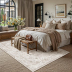PureCozy Beige 8x10 Washable Area Rug for Living Room Neutral Vintage Floral Medallion Soft Large Rugs Low Pile Non Slip Distressed Indoor Office Carpet for Bedroom Dining Room Nursery