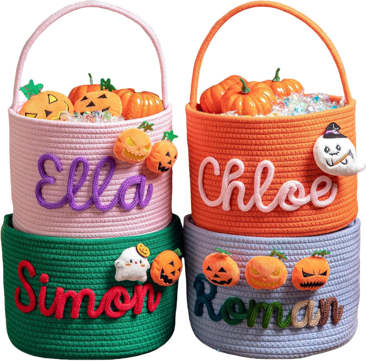 FKOG Halloween Candy Basket, Custom Cotton Rope Storage Bin with Handle, Personalized Trick or Treat Container, Decorative Pumpkin Design (Orange)