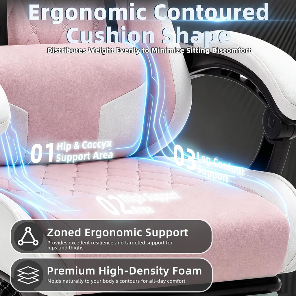 Gaming Chair for Adults, Fabric Gaming Chair with Footrest and Pocket Spring Cushion, Ergonomic Gamer Chair with Lumbar Support, Reclining Computer Gaming Chair with High Back, Pink
