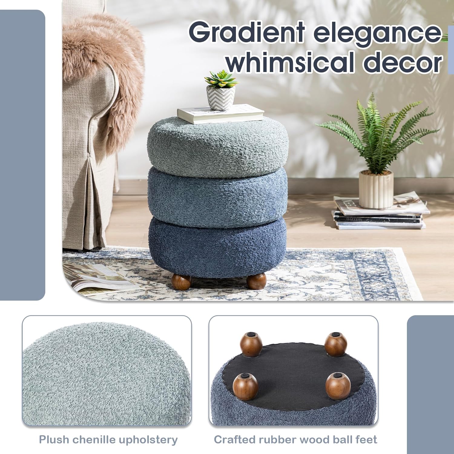Glitzhome Round Ottoman with Storage, Small Foot Stool, Modern Accent Stool Upholstered Vanity Stool with Rubberwood Ball Feet for Bedroom Living Room Dorm Room, Gradient Blue