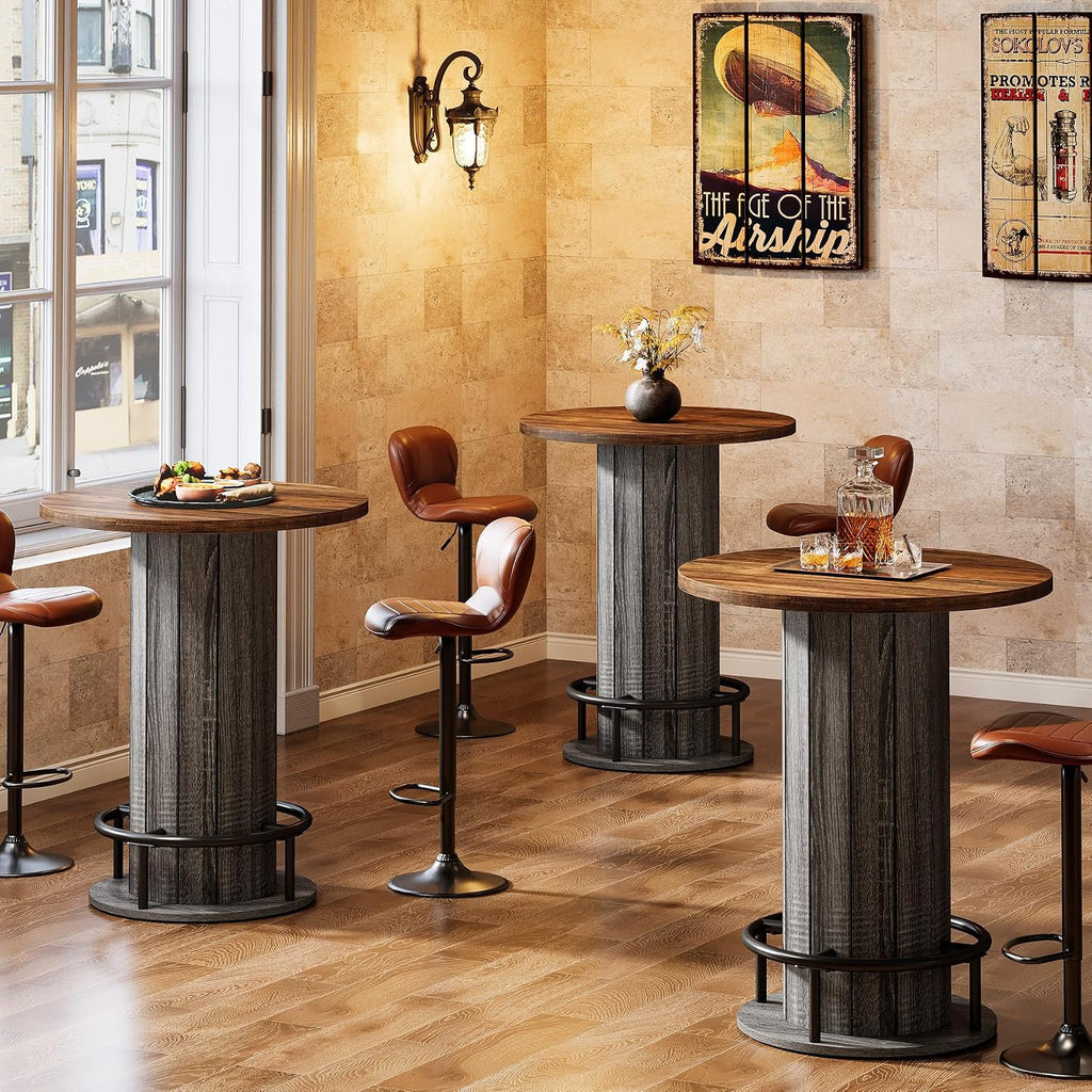 Tribesigns Round Bar Table, 39.4" H Wood Bistro Pub Table with Metal Ring Footrest for Dining Coffee Cocktail Living Room, Small Space, Brown & Gray (Only Table)