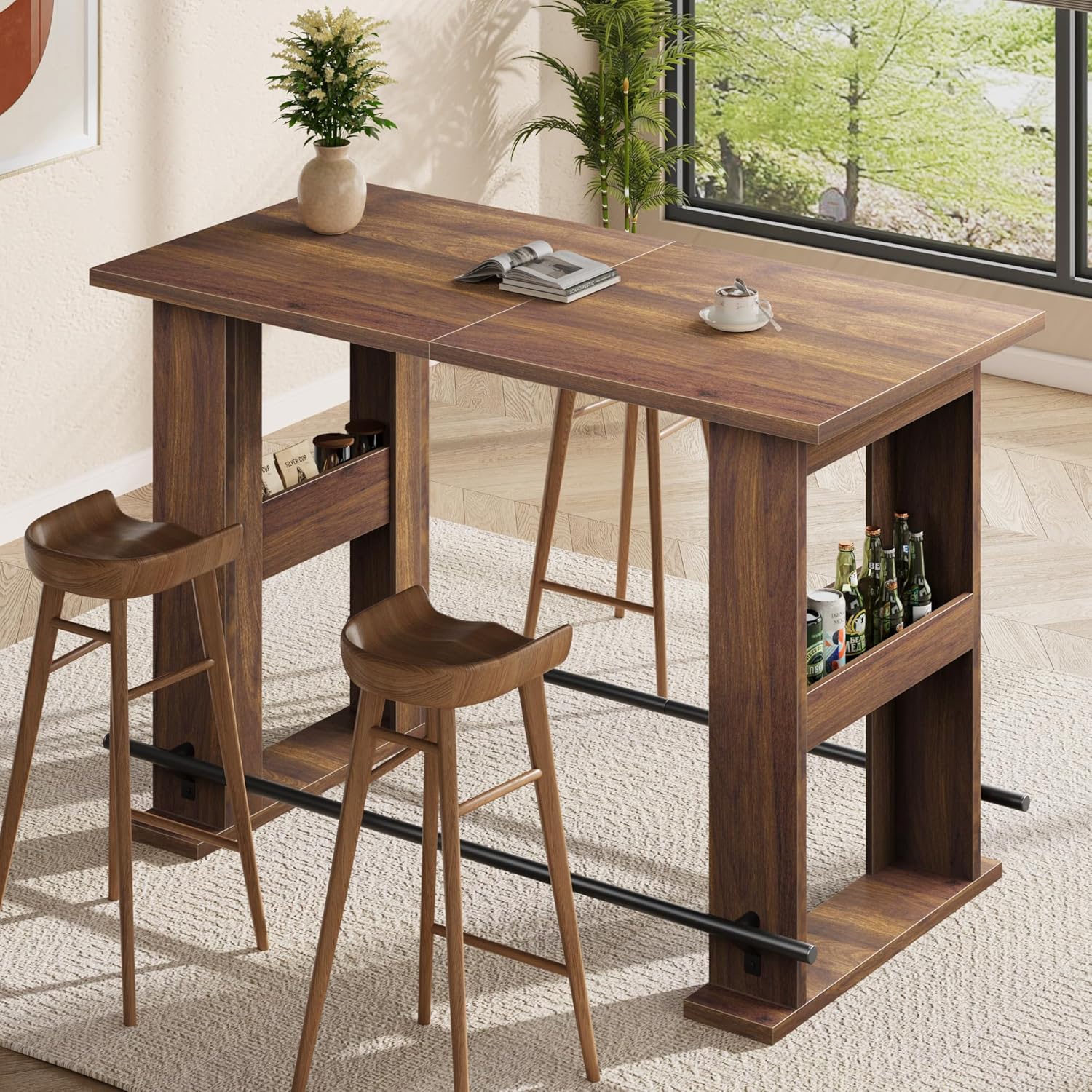 Garvee 63-Inch Bar Table, Wooden Home Coffee Bar Unit with Storage, Farmhouse Counter Height Pub Table with Metal Footrest for Home Kitchen, Dining Room, Bistro, Living Room, Walnut