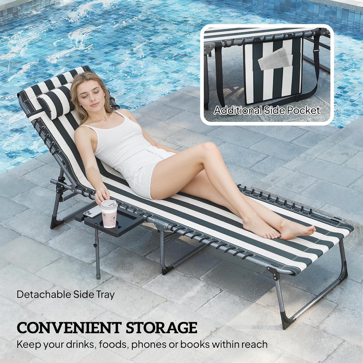 Outsunny Folding Chaise Lounge Chair Outdoor Tanning Chair with Side Table, 5-Level Adjustable Beach Lounge Chair with Headrest, Side Pocket for Patio, Backyard, Beach, Poolside, Blue and White