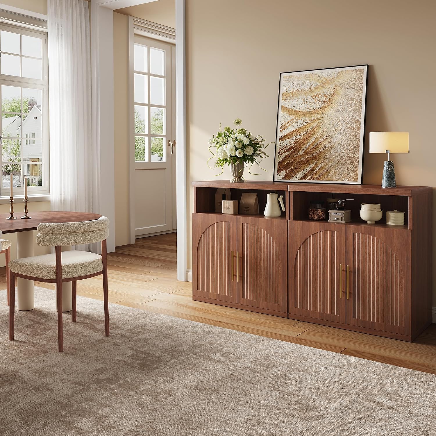 Fluted Buffet Cabinet with Storage, 31.5" Wide Wood Sideboard Credenza with Open Storage Shelf & Adjustable Shelves, Modern Kitchen Entryway Accent Table for Dining Room Living Room Hallway, Walnut