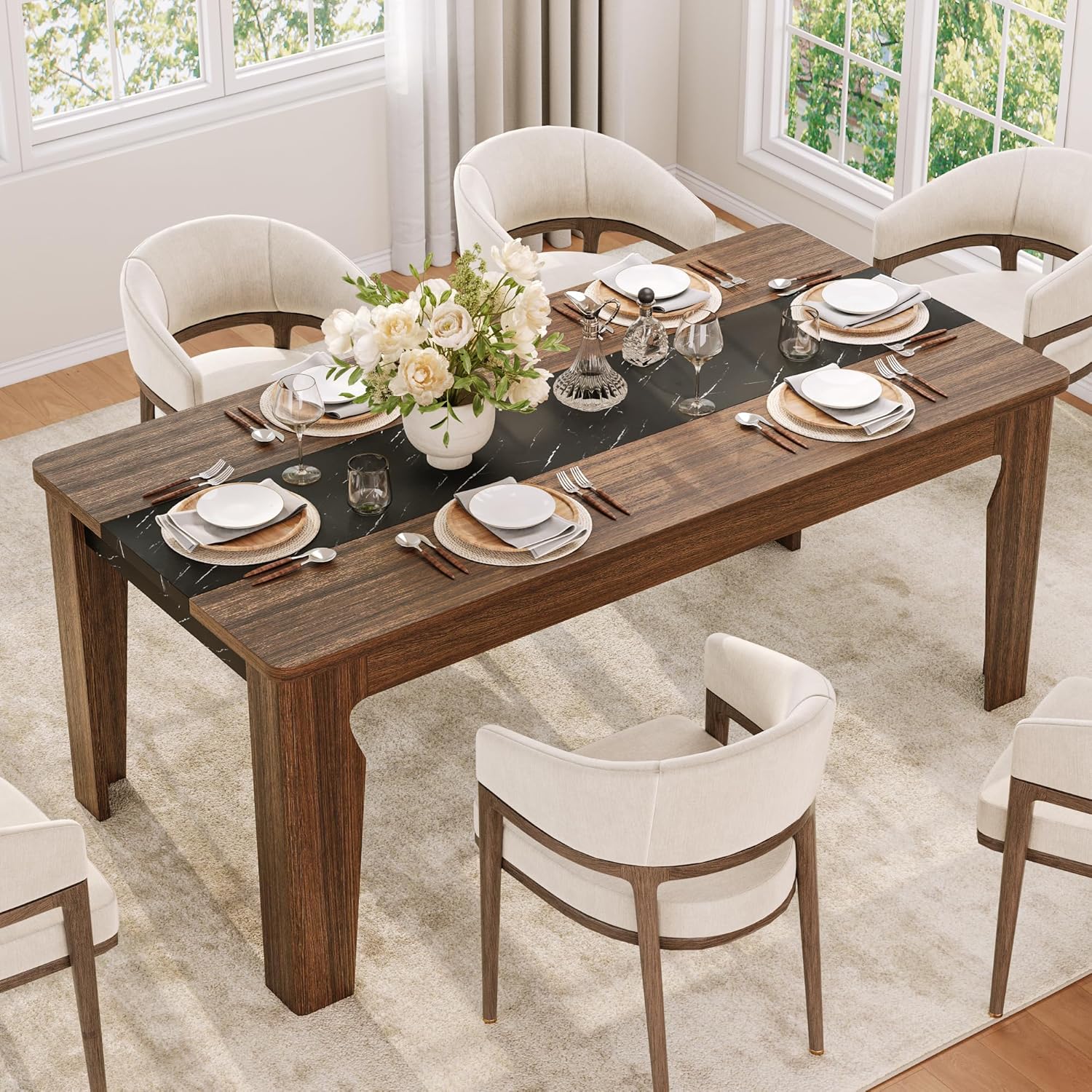 iPormis Farmhouse 71" Long Dining Table for 6-8 People, Marble Texture Finish Kitchen Table with Sturdy Wooden Frame, Rectangle Dining Table for Dining Room, Kitchen, Brown