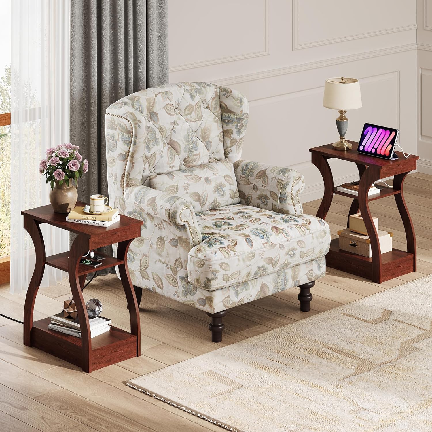 WLIVE End Tables Living Room Set of 2, Cherry Side Tables with Charging Station, Nightstand for Bedroom, 3 Tier End Table with Storage Shelf, Side Table Set of 2 for Living Room, Cherry