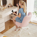 DurayLoly Vanity Chair with Open Hollow Back, Armless Desk Chair with Silent Wheels, Height Adjustable, Soft Teddy Fabric, 360° Swivel for Bedroom Vanity & Home Office, Candy Pink