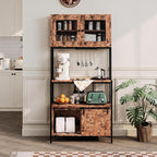 Garvee 63 in Tall Farmhouse Bakers Rack, 5 Tier Industrial Microwave Stand with Charging Station & Cabinets, Compact Kitchen Utility Shelves Coffee Bar Station for Small Spaces Apartments, Brown