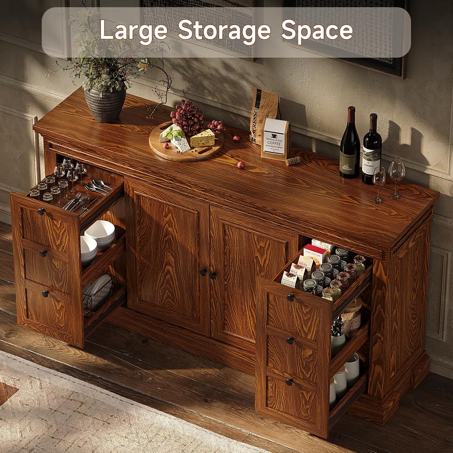 Sideboard Buffet Cabinet with Storage, 63" Large Credenza Kitchen Storage Cabinets with Drawer and Door, Wood Coffee Bar Table with Adjustable Shelf for Living Room, Kitchen, American Retro, Brown