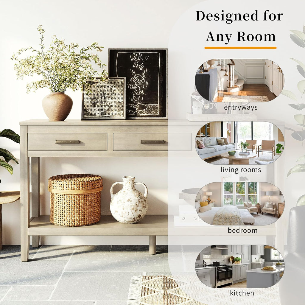 Modern Wood Console Table 59'' Extra Long Entryway Sofa Table with Drawers & Open Storage Shelf for Living Room Entrance Hallway (Gray)