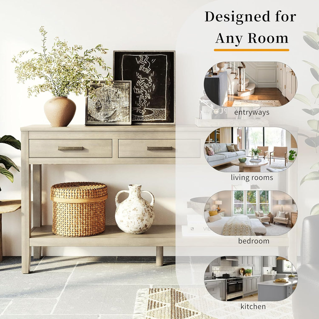 Modern Wood Console Table 59'' Extra Long Entryway Sofa Table with Drawers & Open Storage Shelf for Living Room Entrance Hallway (Gray)