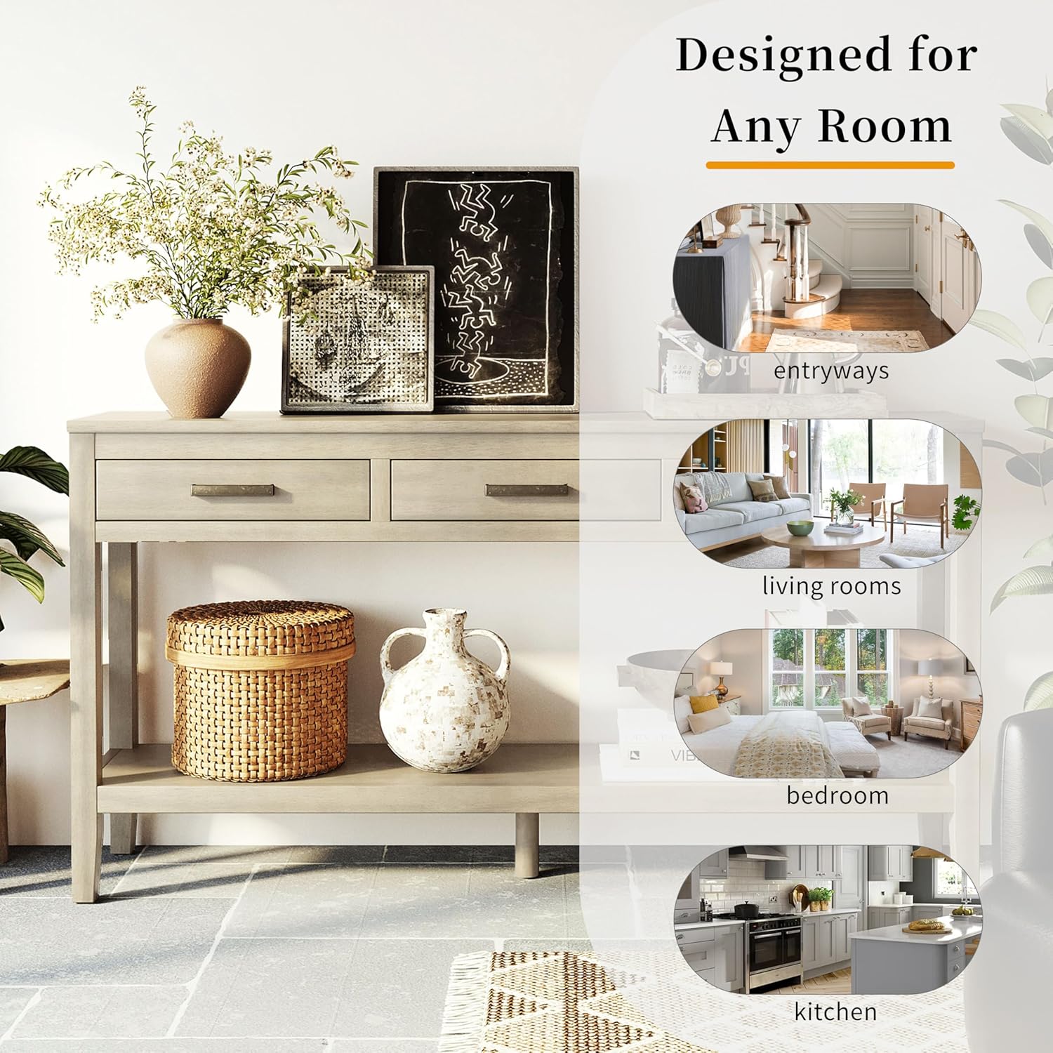 Modern Wood Console Table 59'' Extra Long Entryway Sofa Table with Drawers & Open Storage Shelf for Living Room Entrance Hallway (Gray)