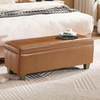 WUTUTUEE 41" Faux Leather Storage Ottoman, Stitch Tufted Rectangle Upholstered End of Bed Storage Bench, Entryway Large Couch Ottoman with Wooden Legs, Light Brown