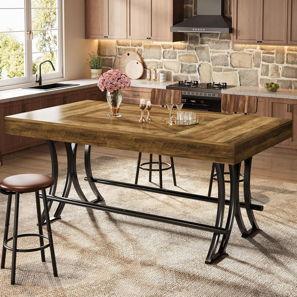 Tribesigns 63" Counter Height Bar Table with Metal Footrest, Rectangular Tall Kitchen Dining Pub Table, Industrial Home Bar Unit for Entertaining, Freestanding, Dark Brown