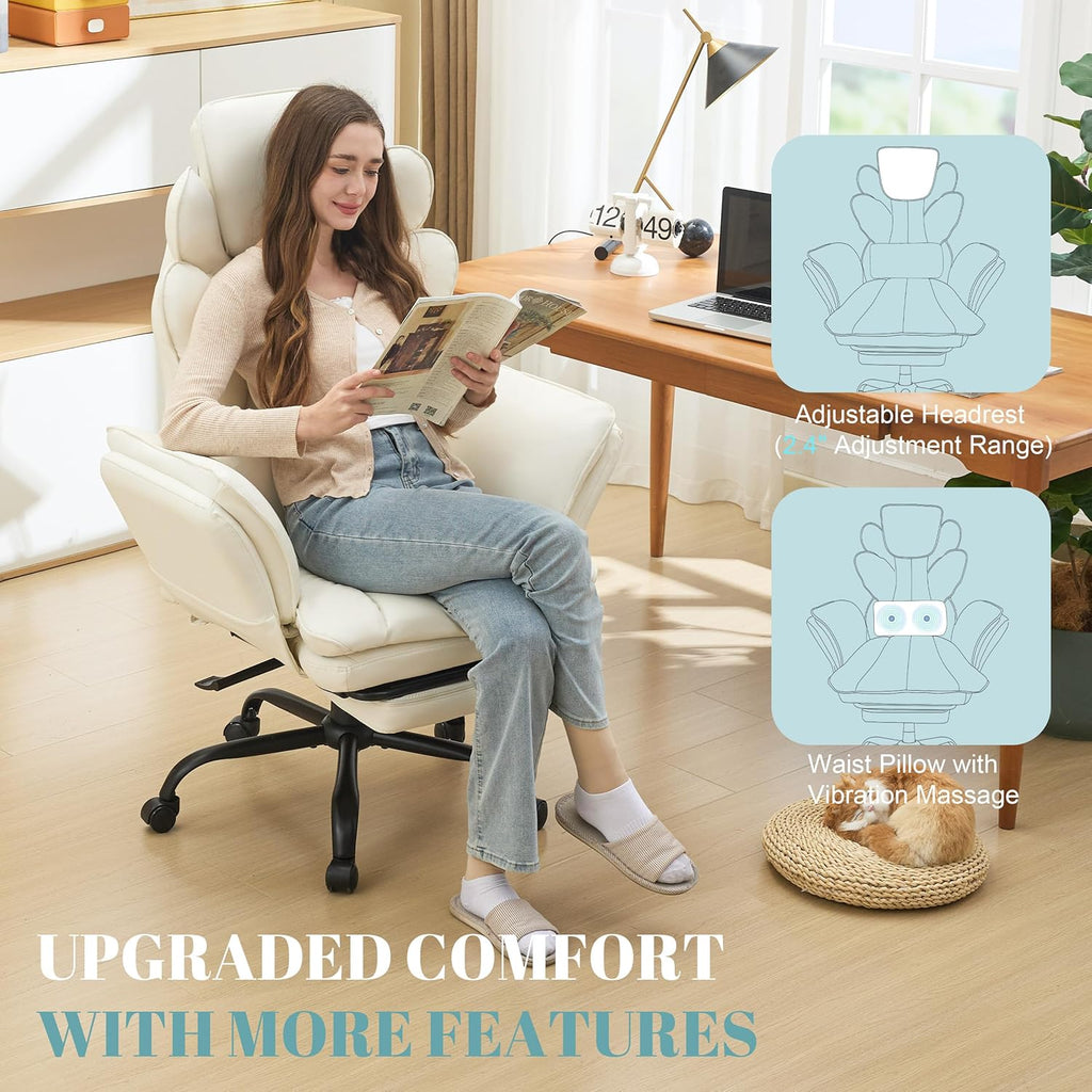 Flip Armrests Criss Cross Office Chair, Reclining Office Chair with Foot Rest, Adjustable Headrest, Massage Waist Pillow, Cross Legged Big and Tall Desk Chair Wide Seat Vanity Chair, PU Leather White