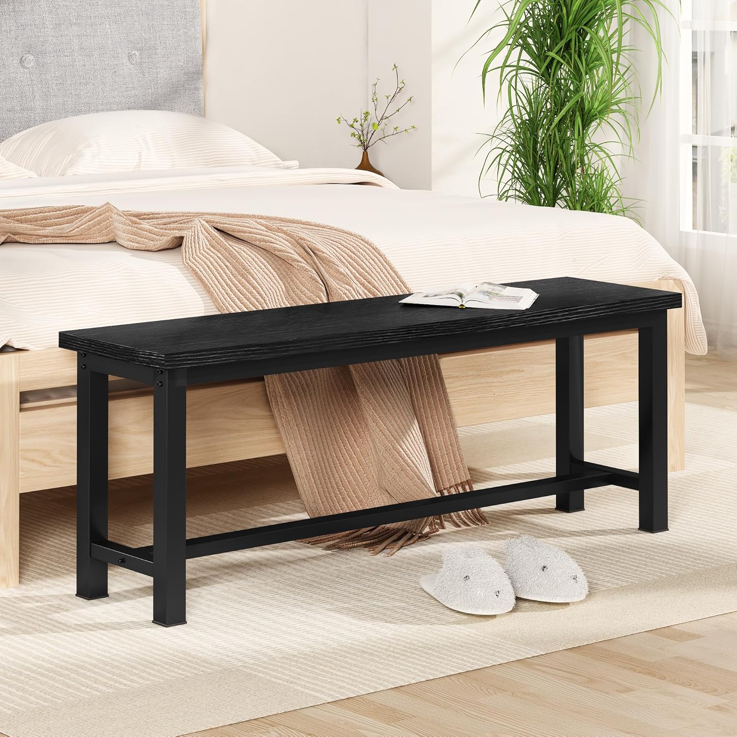 AWQM Table Bench, Pair of 2, Dining Bench, Thickened Steel Frame, Wood Bench, Industrial Style, for Kitchen and Dining Room, 12''Dx38.5''Wx17''H, Rustic Black