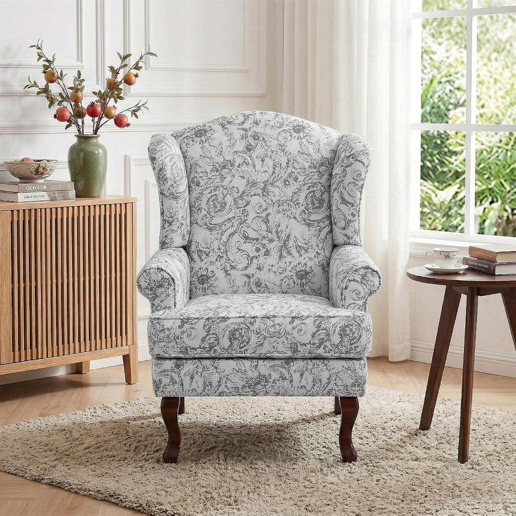 Mid-Century Modern Wingback Accent Chair, Rococo Light Grey, Set of 2 | High Back Upholstered Armchair with Solid Wood Legs, Comfy Single Sofa Reading Chairs for Living Room, Bedroom