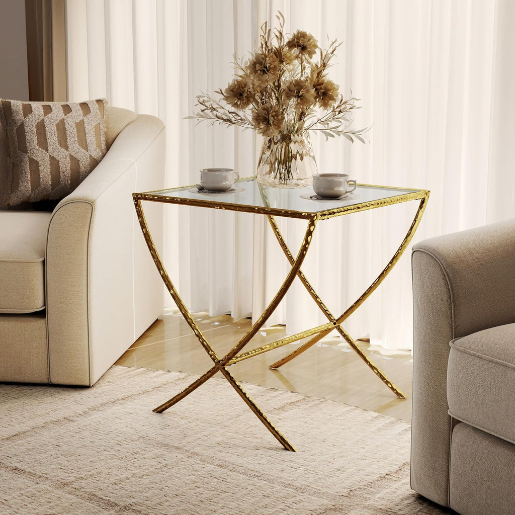 Furniture of America Zayen Glam 22-inch Metal Side Table with Tempered Glass Tabletop and Curved Base, Hammered Stainless Steel Frame for Bedroom, Living Room, Home Office, Gold