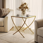 Furniture of America Zayen Glam 22-inch Metal Side Table with Tempered Glass Tabletop and Curved Base, Hammered Stainless Steel Frame for Bedroom, Living Room, Home Office, Gold