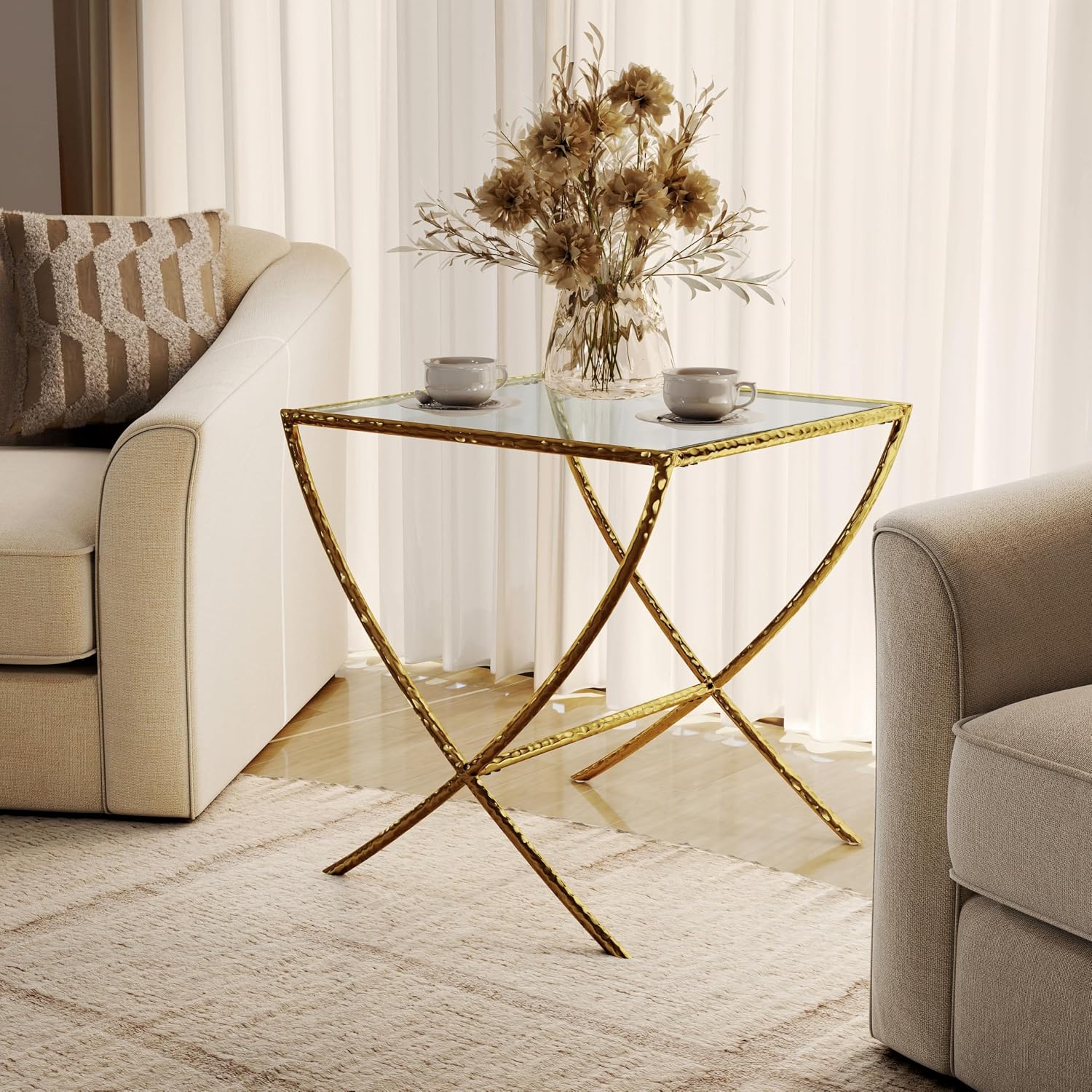 Furniture of America Zayen Glam 22-inch Metal Side Table with Tempered Glass Tabletop and Curved Base, Hammered Stainless Steel Frame for Bedroom, Living Room, Home Office, Gold