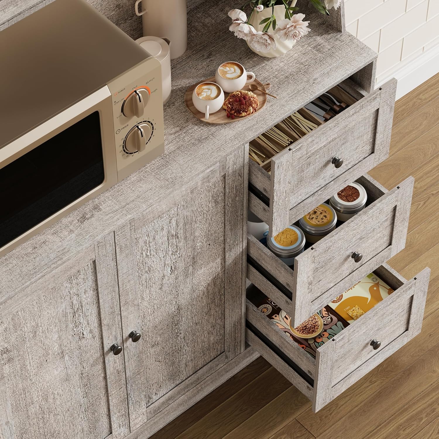 67'' Tall Kitchen Pantry Cabinet with Microwave Shelf, Sideboard Hutch Storage Cabinet with Doors, Shelves and Drawers, Wooden Coffee Bar, Sideboard Buffet Cabinets with Storage for Office(Grey)