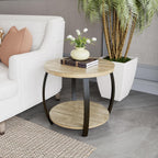 2-Tier Solid Wood Round End Table, American Rustic Circle Side Table Small Sofa Drum Table with Pine Wood Top & Curved Metal Legs for Living Room Bedroom, Natural Wood Color, 23.6" W x 21.7" H