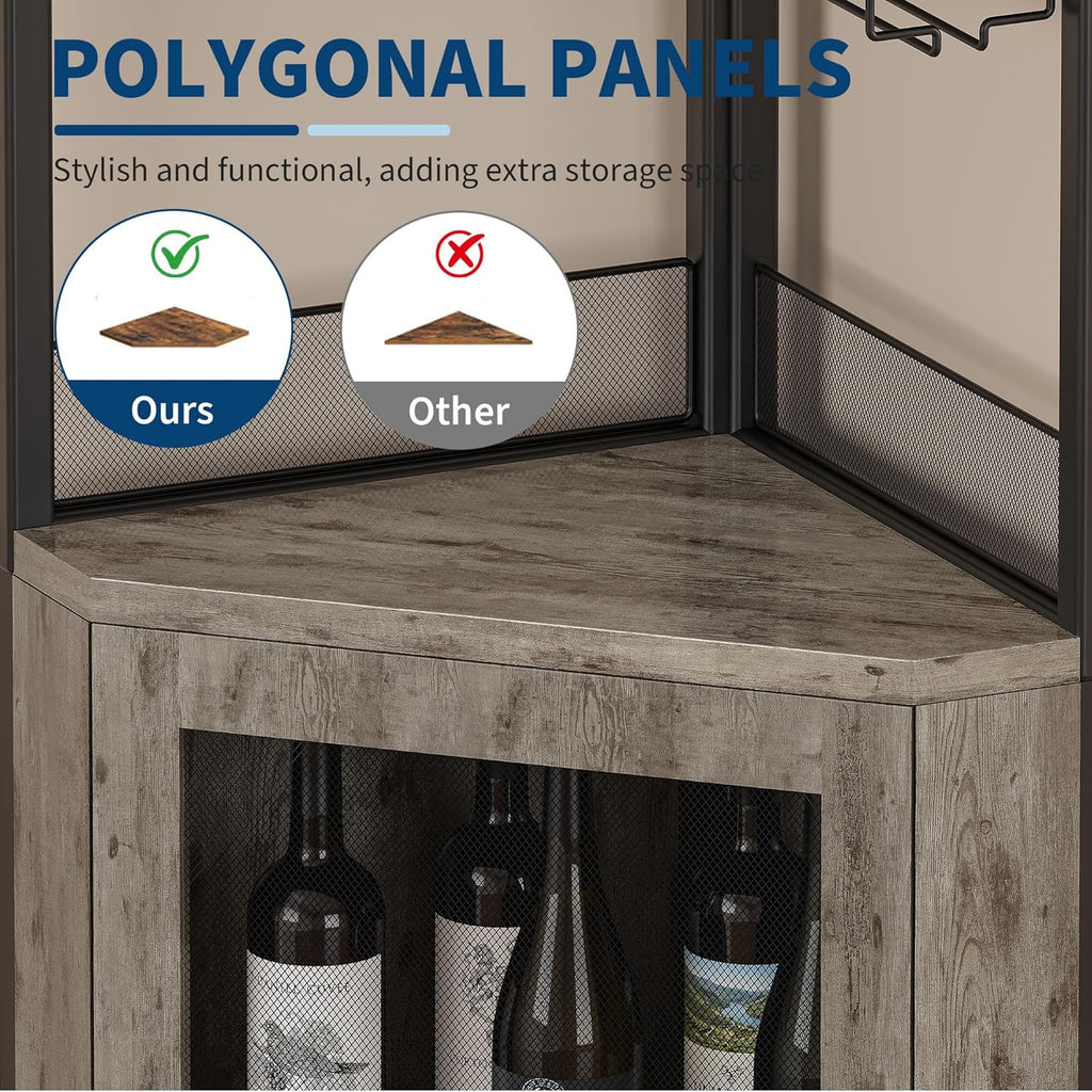 GAOMON Corner Wine Cabinet with Wine Rack and Glass Holder 5 Tier Modern Corner Wine Cabinet Corner Bar Cabinet Industrial Liquor Cabinets for Kitchen, Living Room, Dining Room,Grey