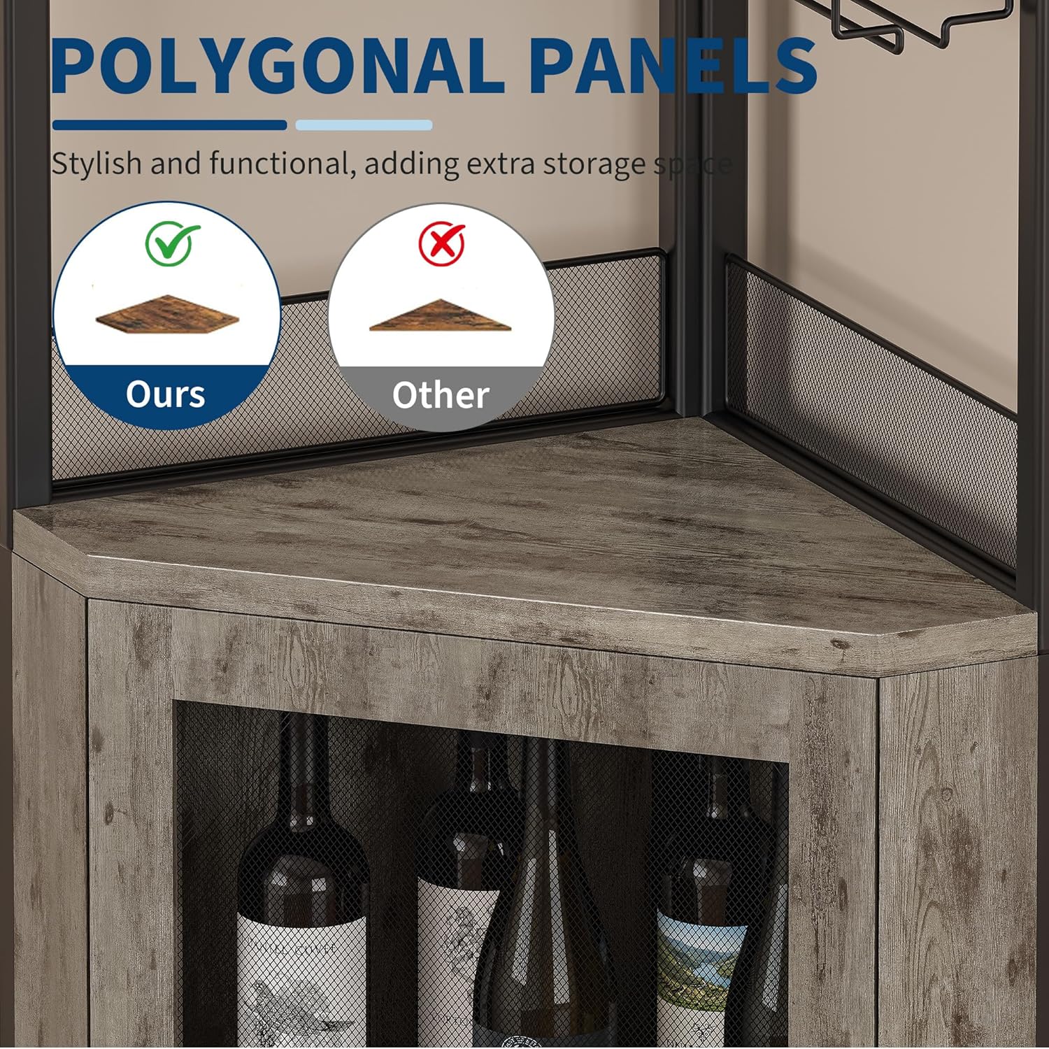GarveeHome Corner Bar Wine Cabinet with LED Lights, 5-Tier Industrial Wine Cabinet with Glass Holder, Modern Liquor Cabinet with Adjustable Shelf, Home Bar Cabinet with Mesh Door, Grey