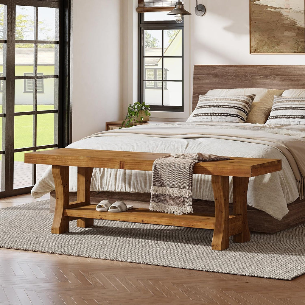 Solid Wood Entryway Bench, 55" End of Bed Bench, Long Indoor Dining Seat for Hallway, Bedroom, Living Room, Dining Room, Easy Assembly, Brown