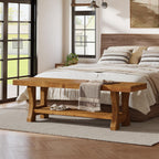 Solid Wood Entryway Bench, 55" End of Bed Bench, Long Indoor Dining Seat for Hallway, Bedroom, Living Room, Dining Room, Easy Assembly, Brown