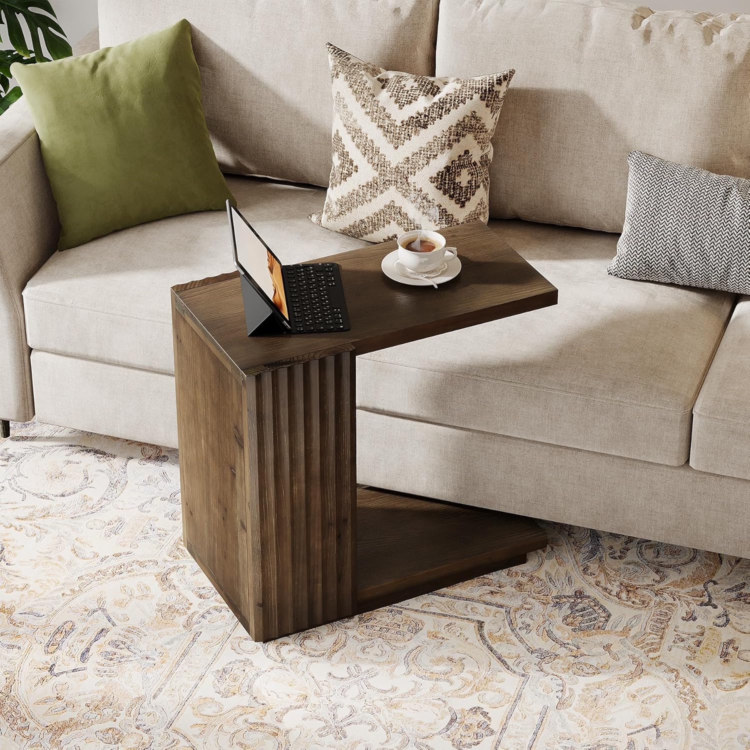 Solid Wood Side Table, C Shaped Narrow Sofa End Table with Fluted Panels and Storage Shelf, Space-Saving Small Nightstand for Small Spaces, Living Room, Bedroom, Vintage Brown