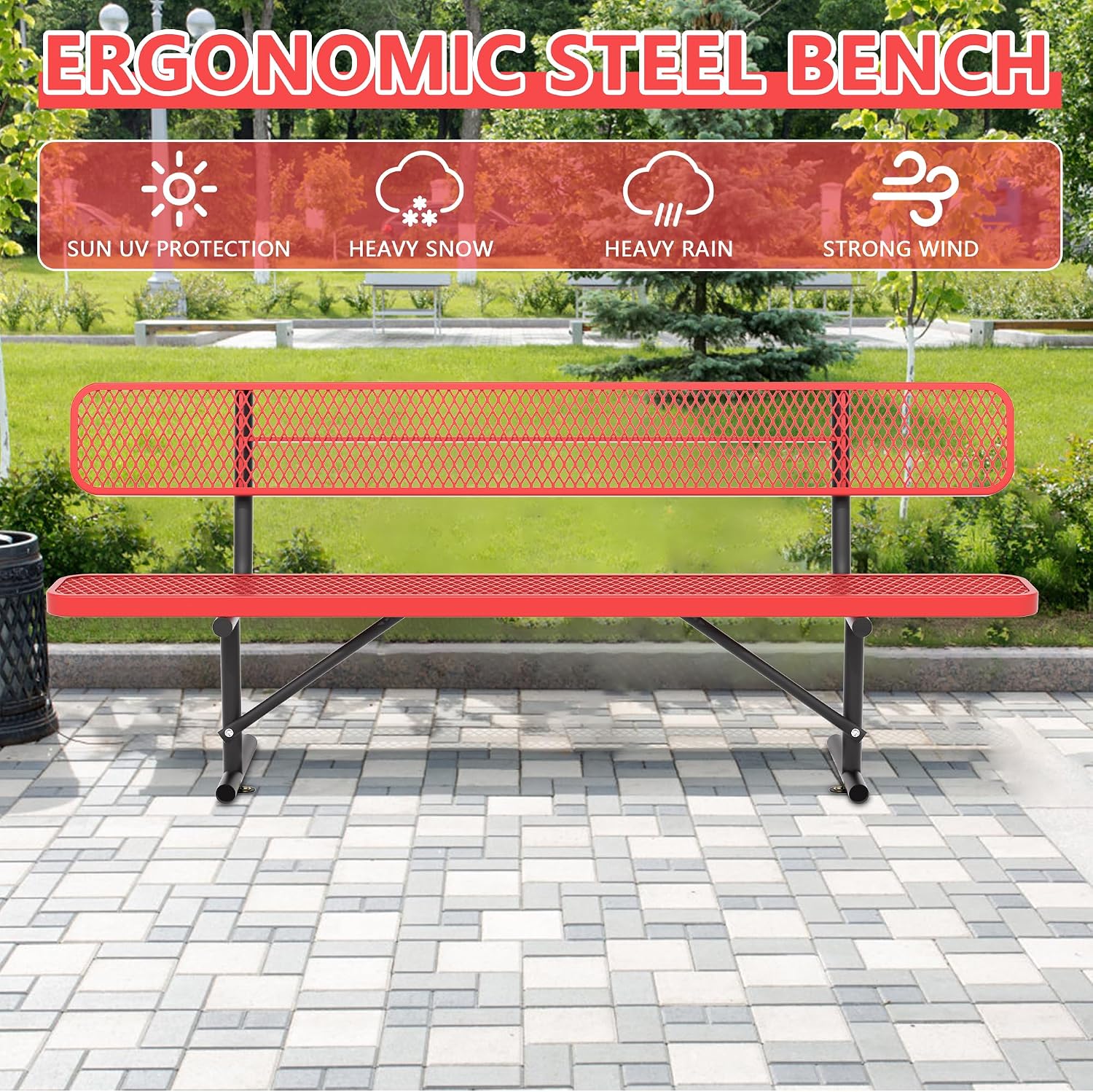 96" Metal Park Benches for Outside - Red Outdoor Benches Heavy Duty Garden Weatherproof Bench with Backrest, Buddy Bench for Schools,Commercial Benches for Shopping Mall, Store, Yard, Patio